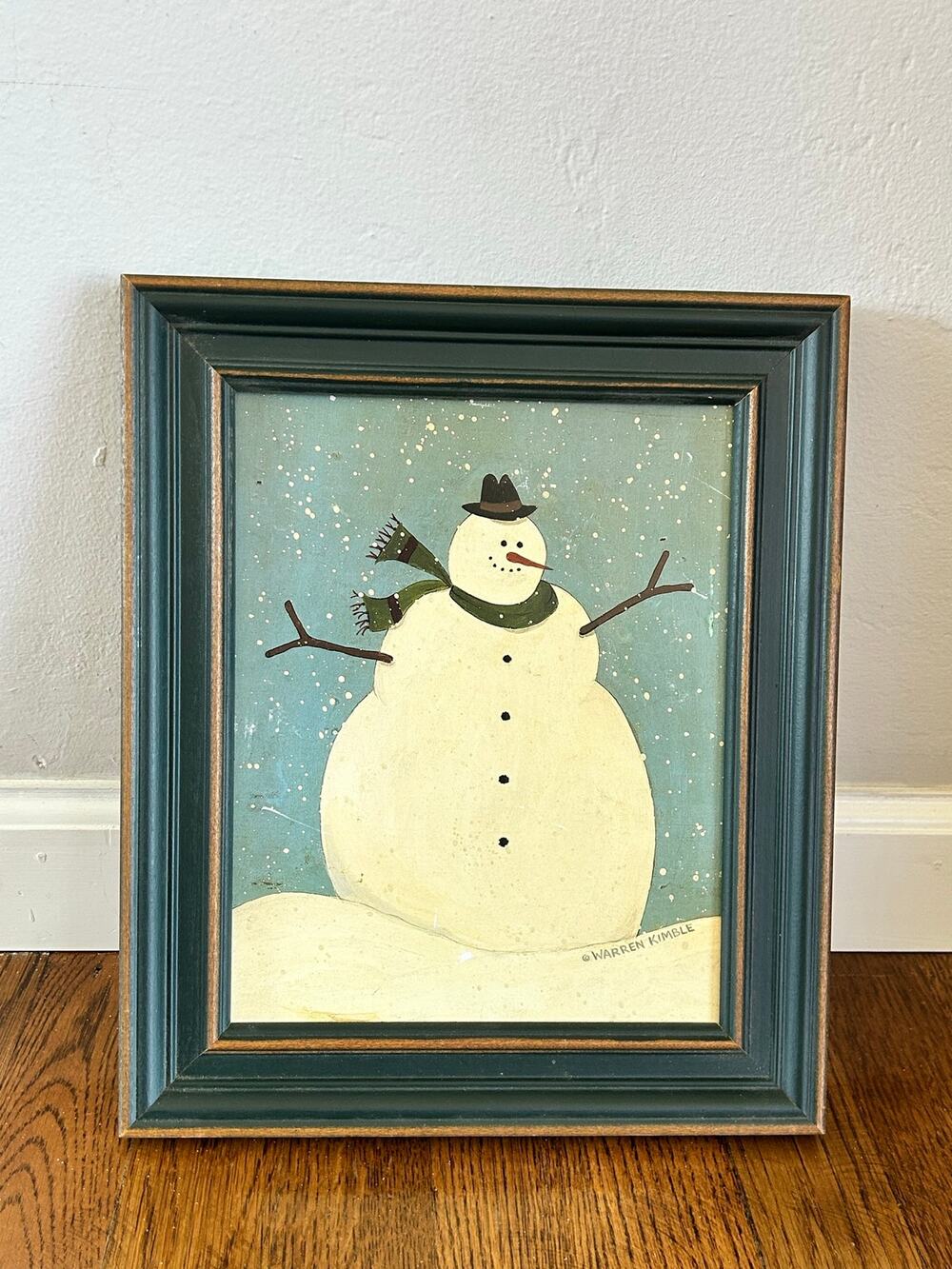 Warren Kimble Snowman Folk Art Print Framed Vintage Americana Winter Wall Decor